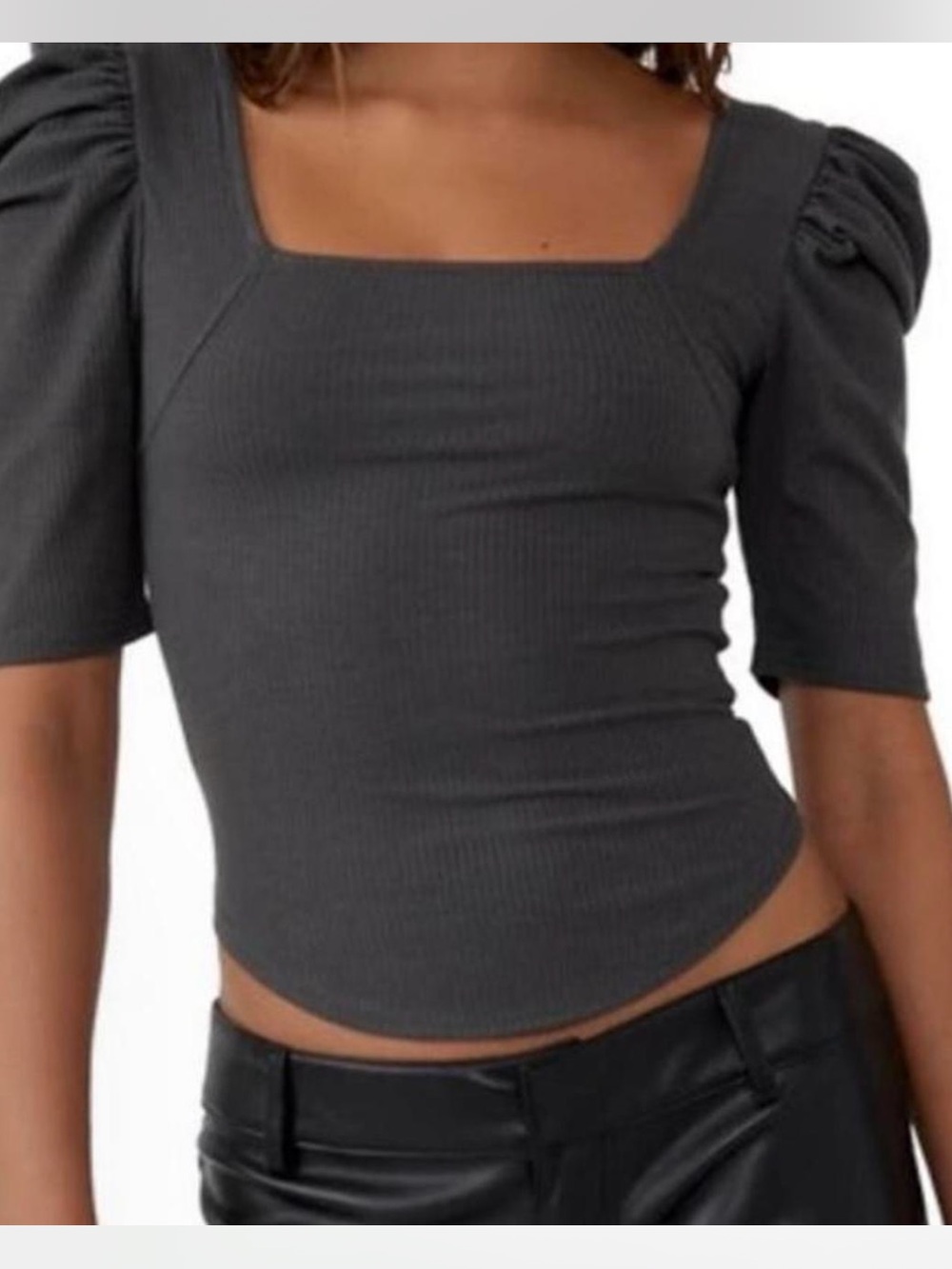 We The Free Ribbed Square Neck Puff Sleeve Top - Charcoal Light Lily Puff